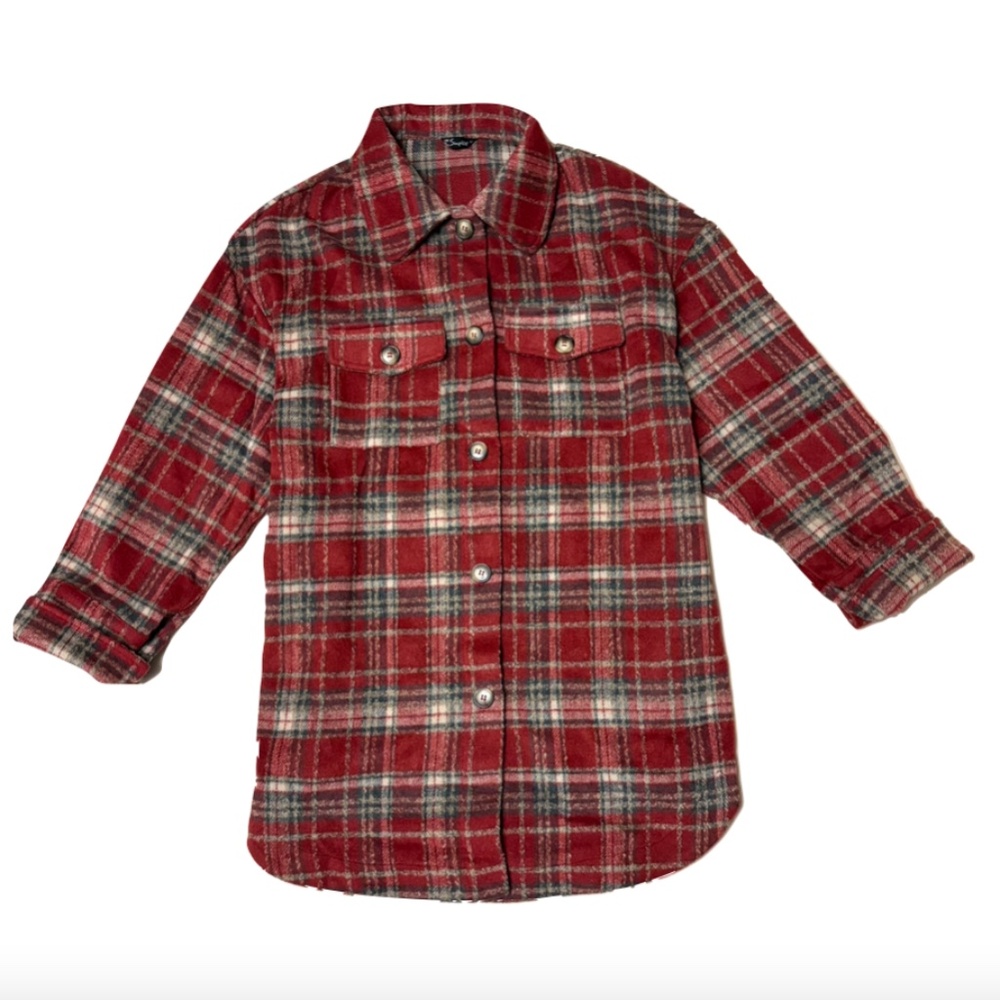 Simplee Women's Cropped Flannel Plaid Shacked Wool Blend Jacket Coat size large - Picture 3 of 9